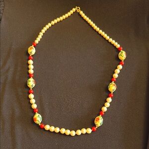 Elegant Pearl and Red Bead Necklace